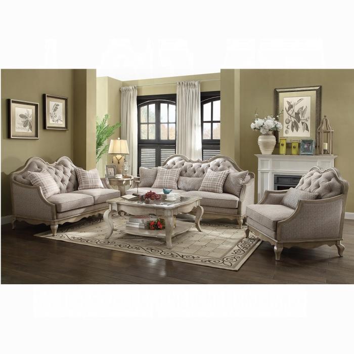 Chelmsford Beige Fabric & Antique Taupe Sofa w/5 Pillows - Furniture & Design Outlet (Kalamazoo,MI)