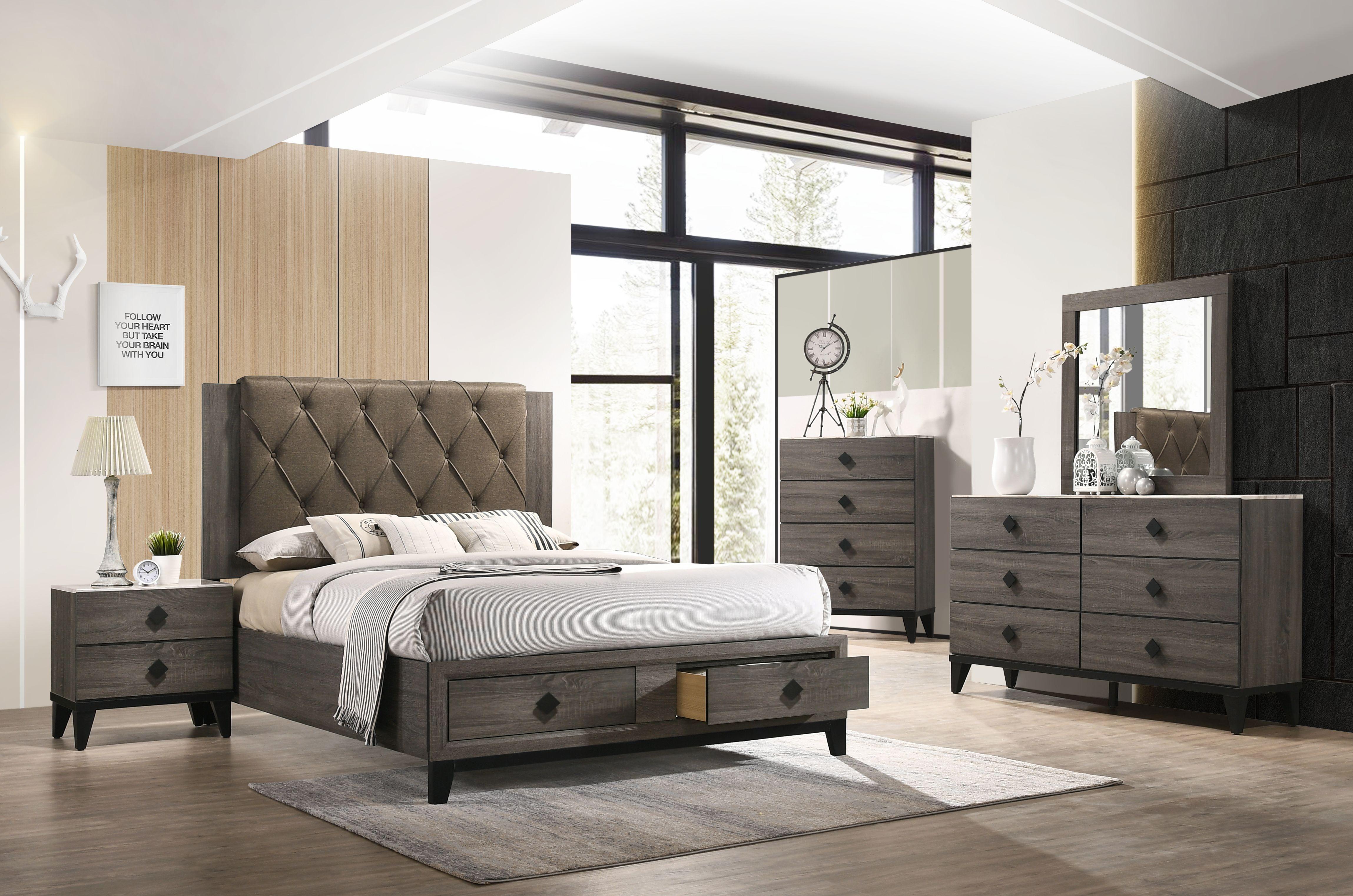 Avantika Fabric & Rustic Gray Oak Queen Bed (Storage) - Furniture & Design Outlet (Kalamazoo,MI)