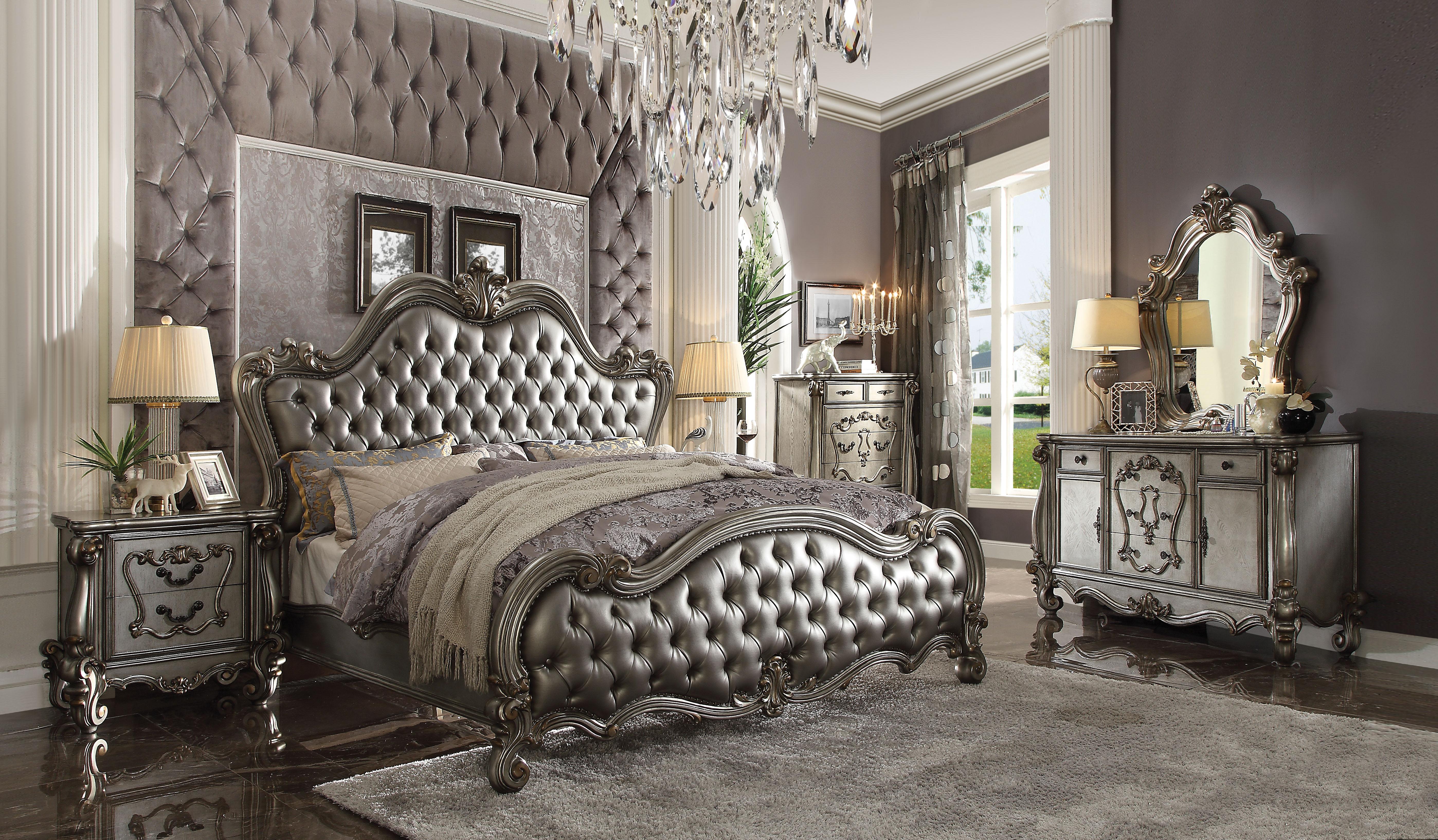 Versailles II Silver PU & Antique Platinum Eastern King Bed - Furniture & Design Outlet (Kalamazoo,MI)