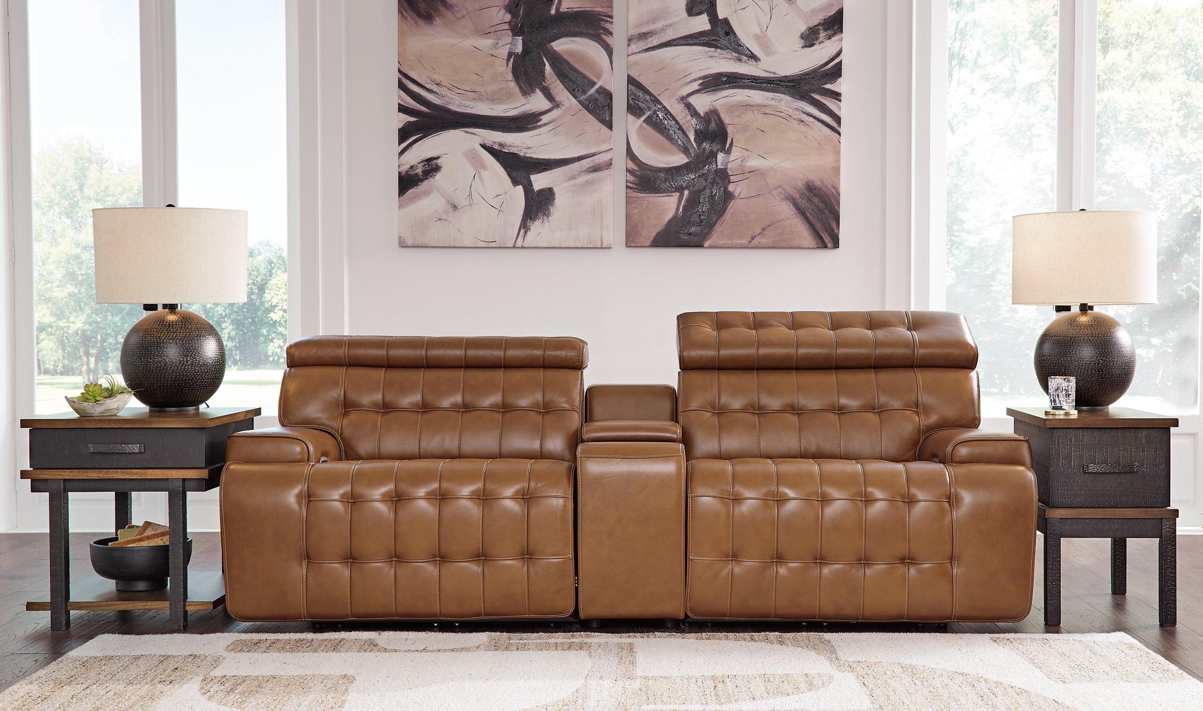 Temmpton Dual Power Leather Reclining Modular Loveseat with Console - Furniture & Design Outlet (Kalamazoo,MI)