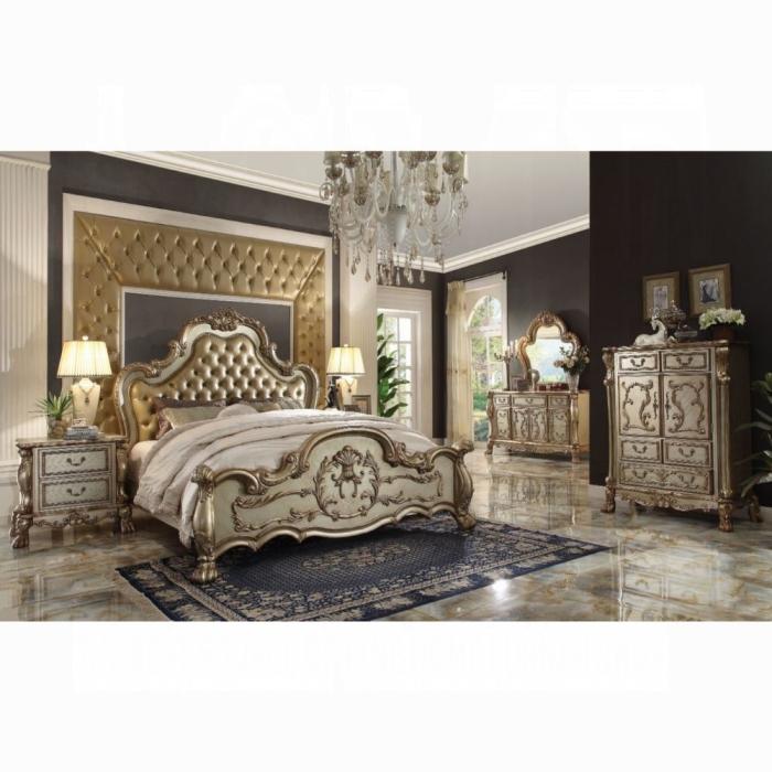 Dresden Bone PU & Gold Patina Eastern King Bed - Furniture & Design Outlet (Kalamazoo,MI)