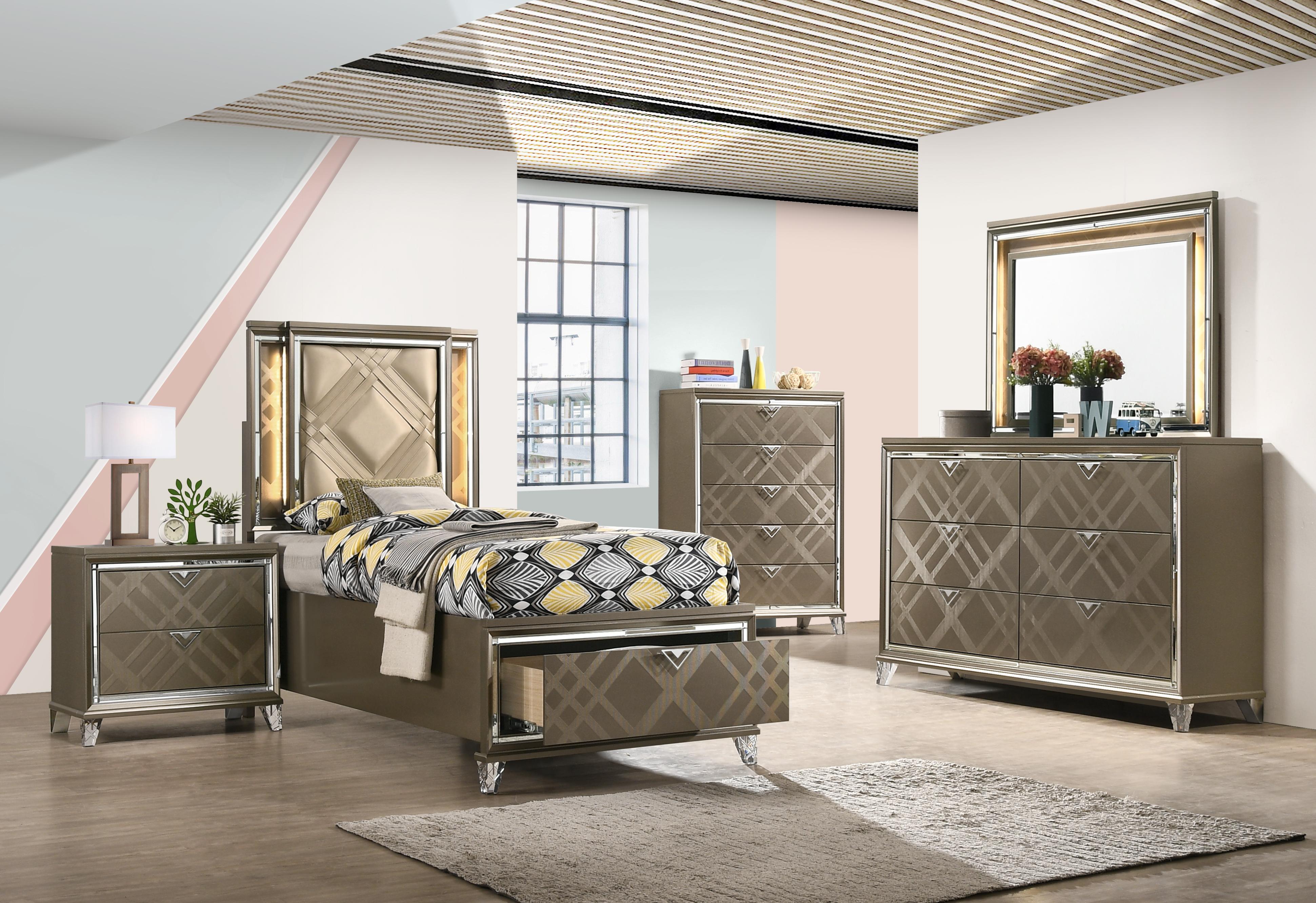 Skylar LED, PU & Dark Champagne Twin Bed (Storage & LED) - Furniture & Design Outlet (Kalamazoo,MI)