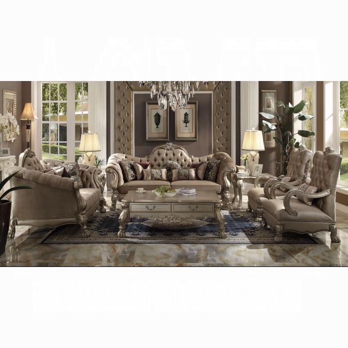 Dresden Bone Velvet & Gold Patina Sofa w/7 Pillows - Furniture & Design Outlet (Kalamazoo,MI)