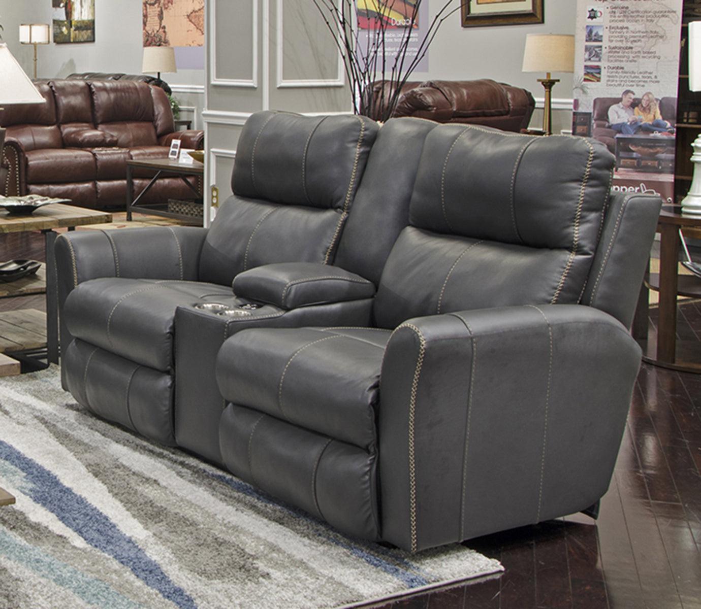 Catnapper Furniture Mara Voice Power Headrest with Lumbar Power Lay Flat Reclining Console Sofa in Anthacite
